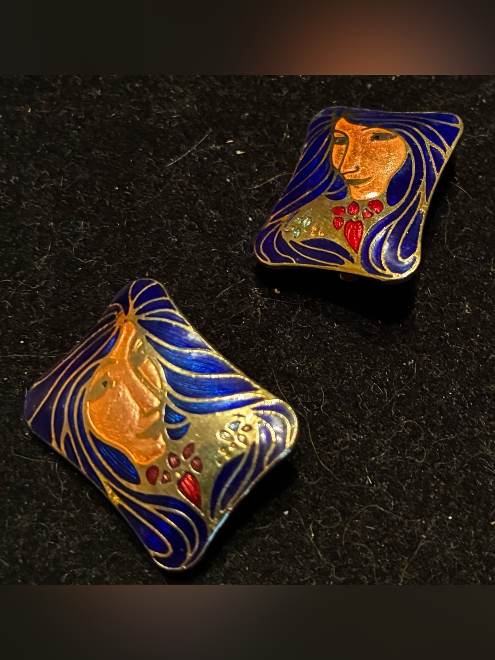 Vintage Cloisonné Enamel Woman’s Face Motif Earrings Clip backs Accessory